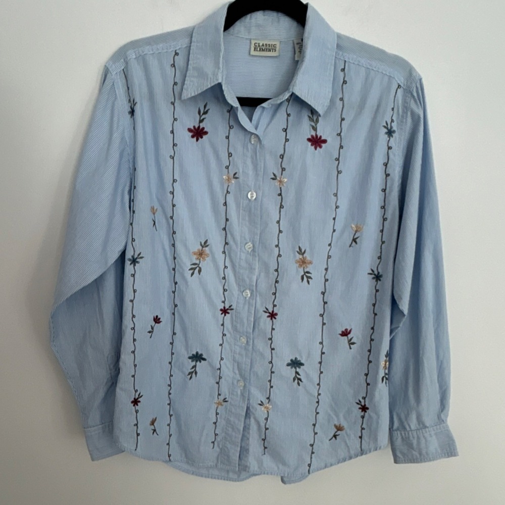 Classic Elements Women Blue Floral Striped Cotton Embroidered Button-Up Shirt S‎